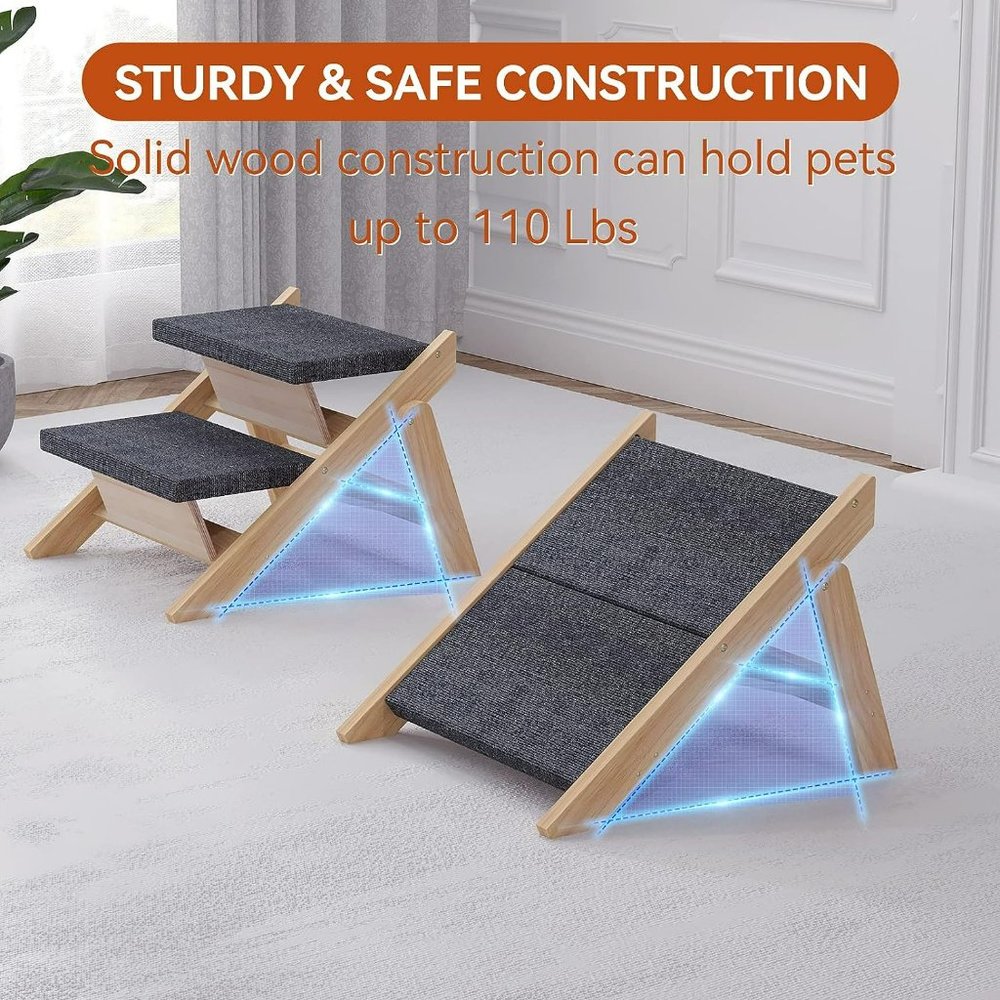 Pet Stairs/Steps, 2-in-1 Foldable Wood Dog Ramp with Non-Slip Pads, 2 Steps